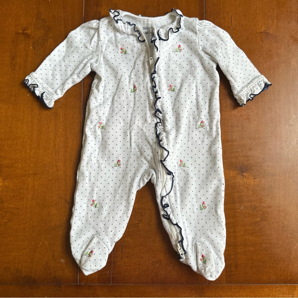 Little Me White Polka Dot Ruffle One-Piece Footed Pajamas w/ Floral details